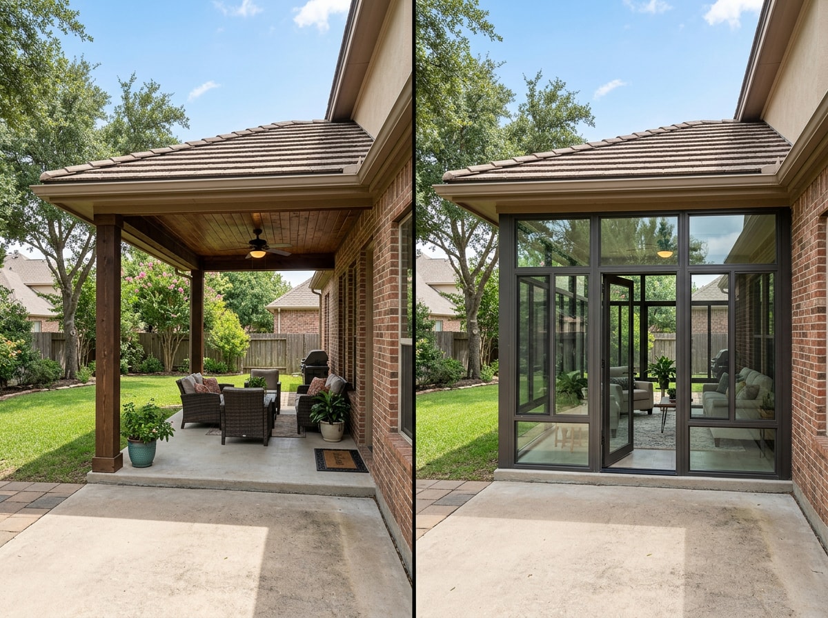 Before and after photo of a patio converted into an enclosed sunroom in Allen, TX