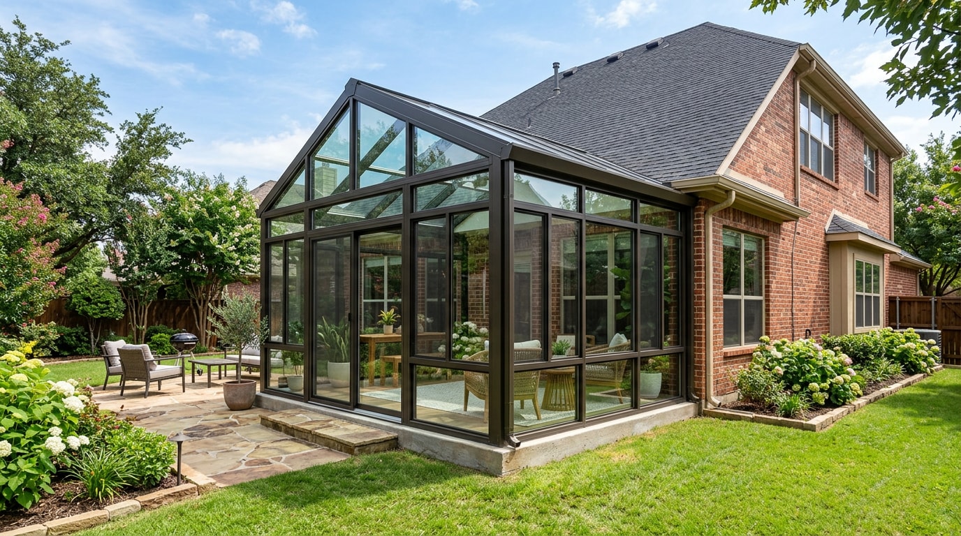 Finished sunroom addition on a brick home in Allen, TX