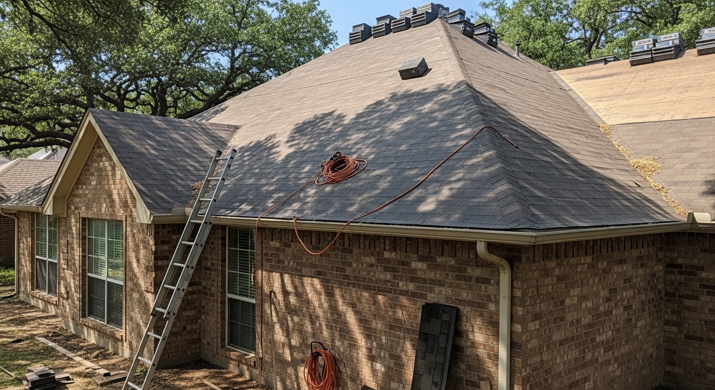 Residential roofing installation on home exterior
