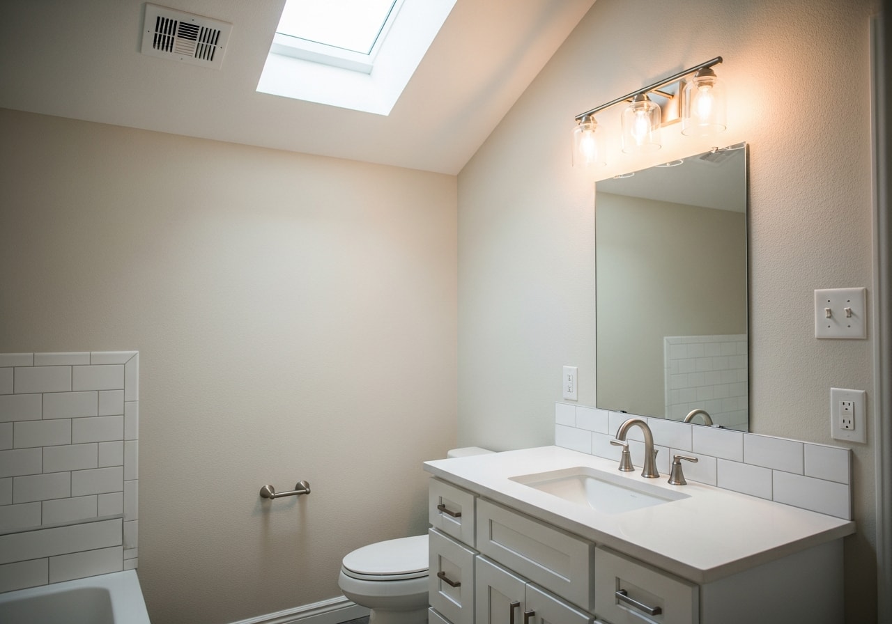 Updated guest bathroom with new vanity, tile, and modern lighting in Dallas home