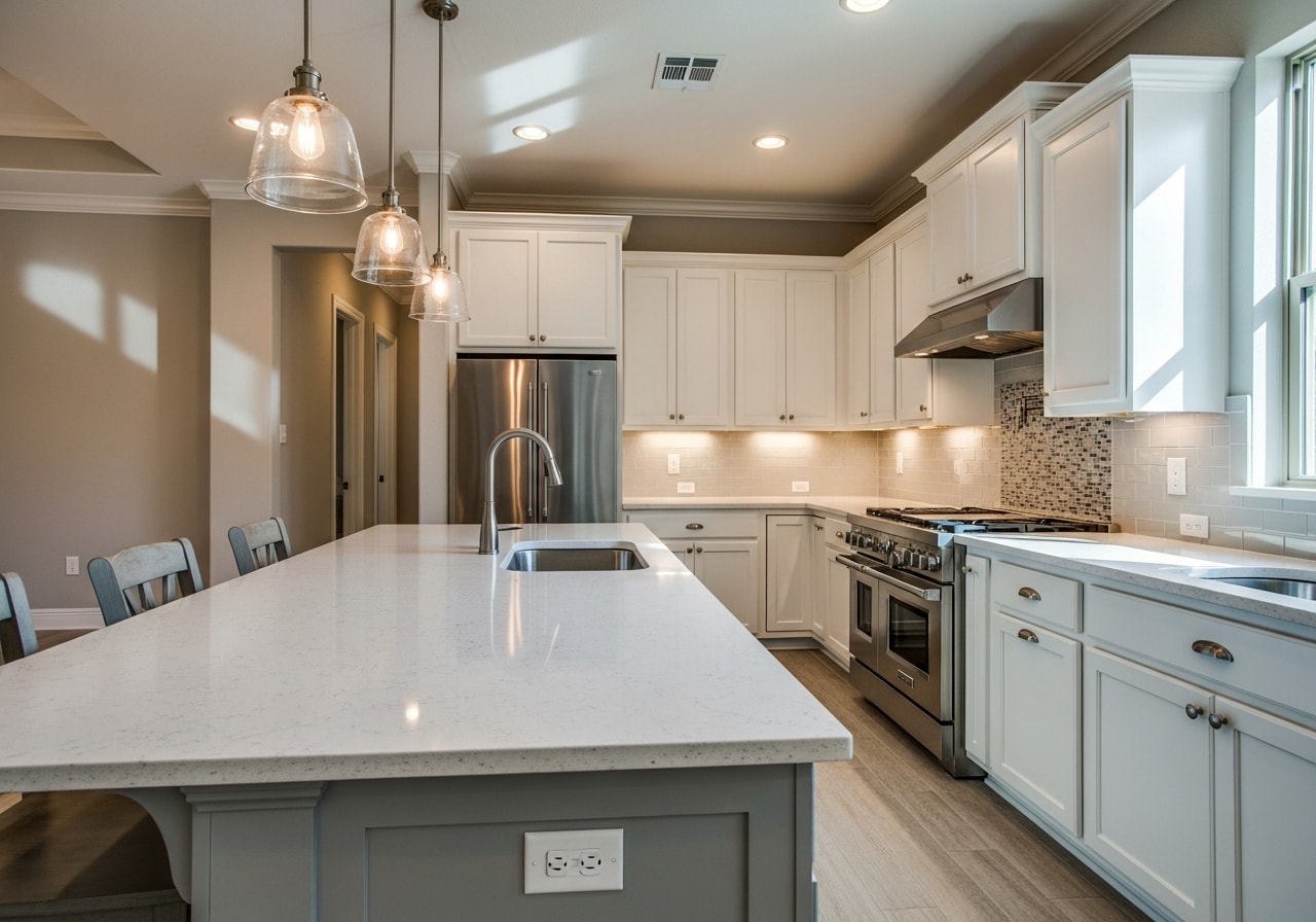 Modern kitchen with white cabinetry, quartz countertops, and custom island in Plano home