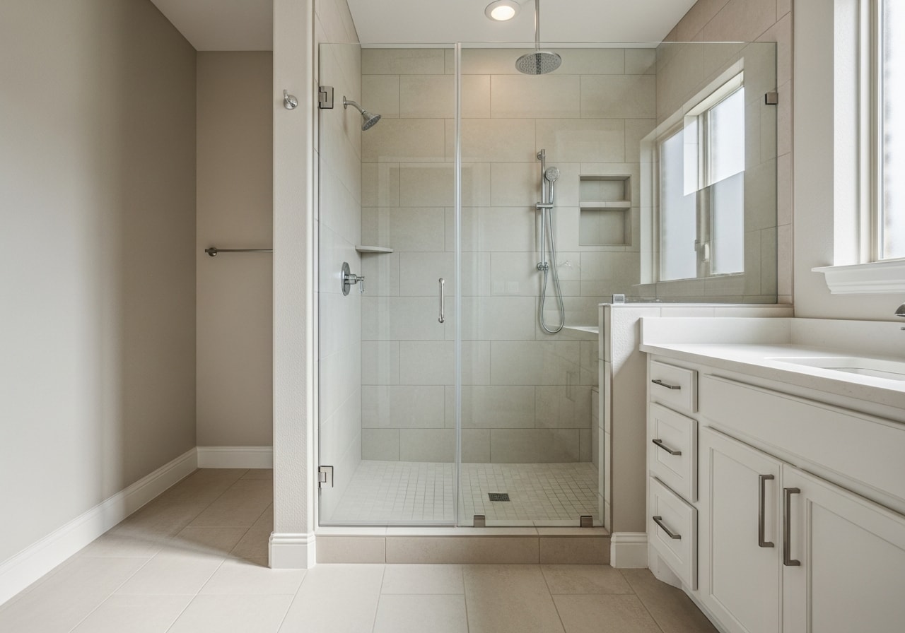 Completed master bathroom with walk-in shower, heated tile flooring, and custom vanity in Frisco home