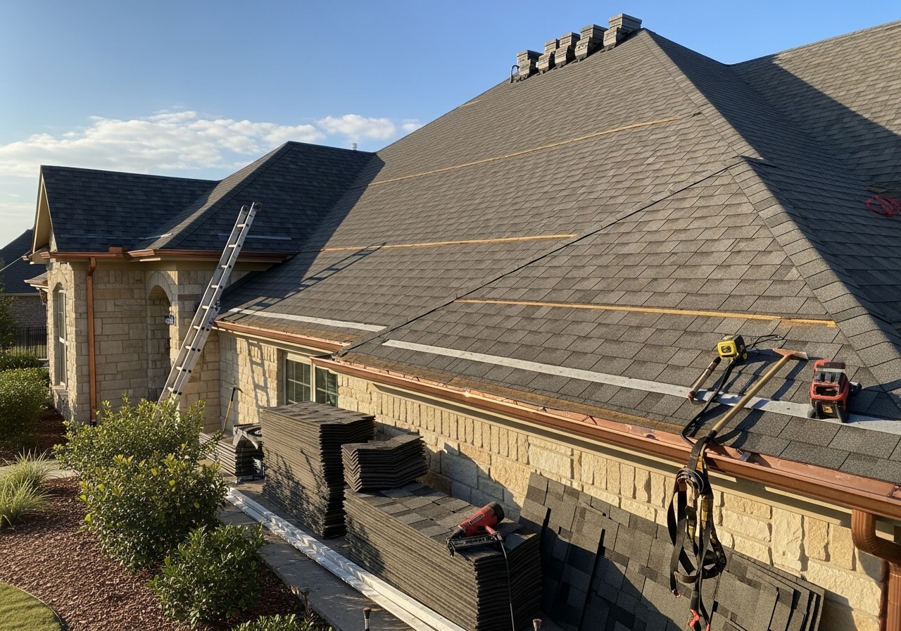 New architectural shingles installed on two-story McKinney home with updated gutters