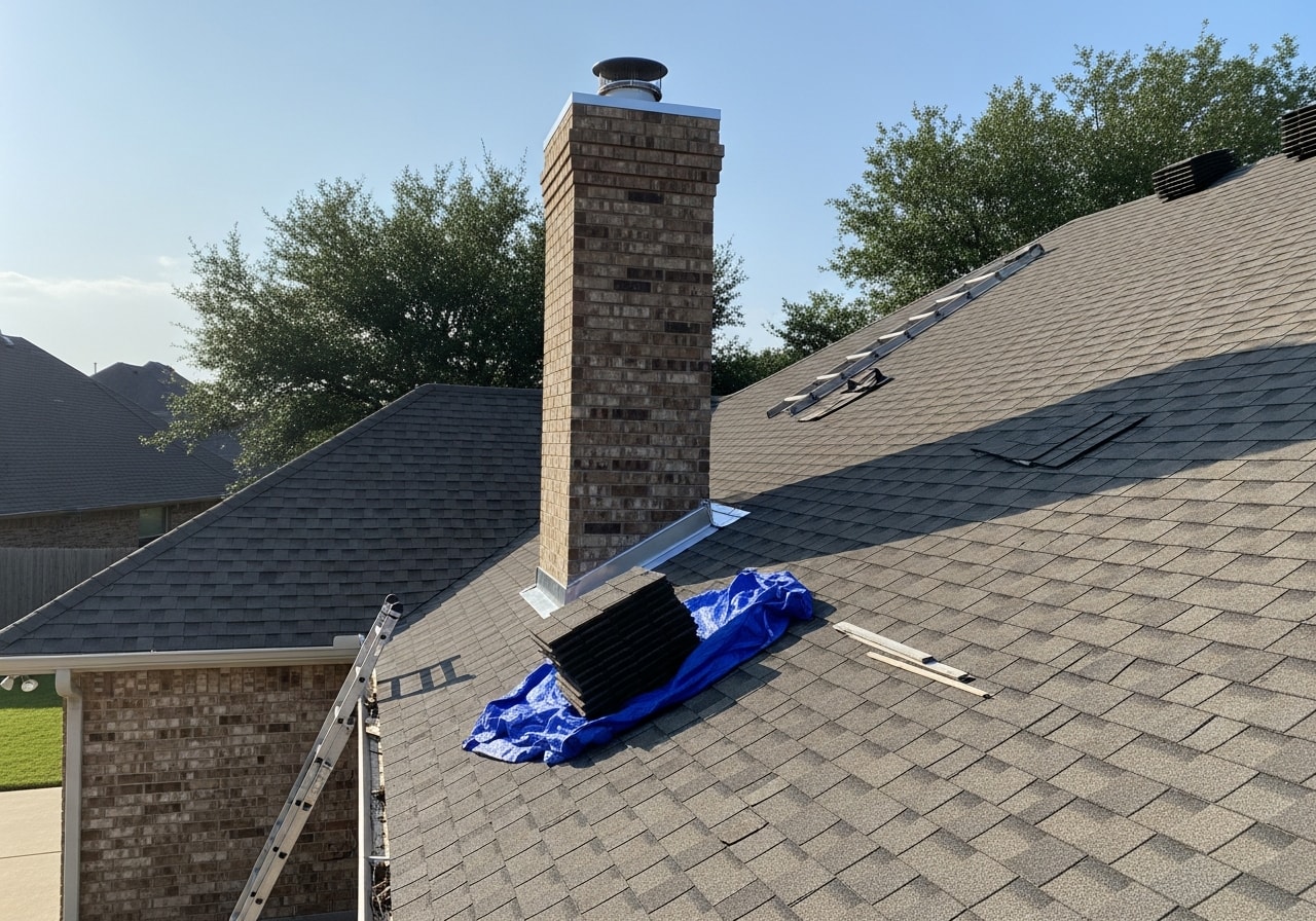 Repaired roof section with new shingles and flashing on Prosper home