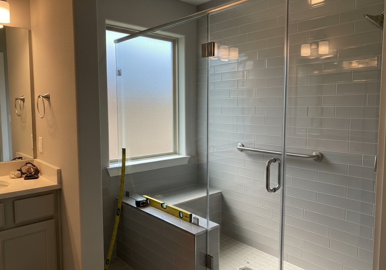 Accessible walk-in shower with grab bars and bench seat in Allen bathroom