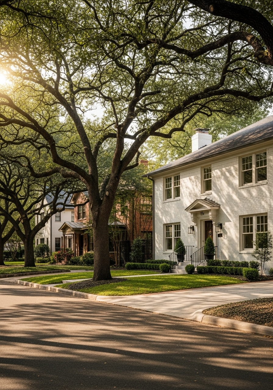 Dallas crew member inspecting completed work on a residential property in an established neighborhood.