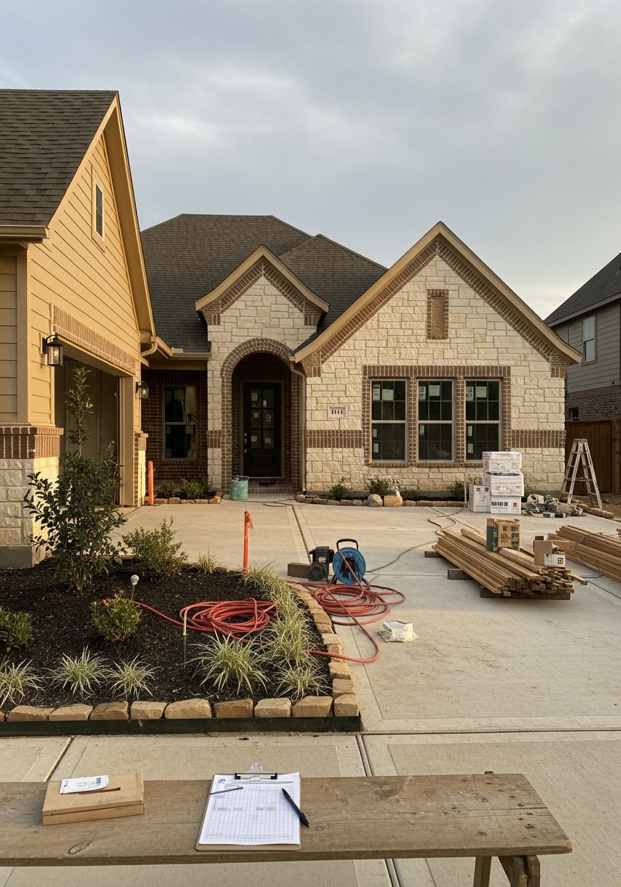 Frisco contractor team in work gear standing in front of a newly completed residential project.
