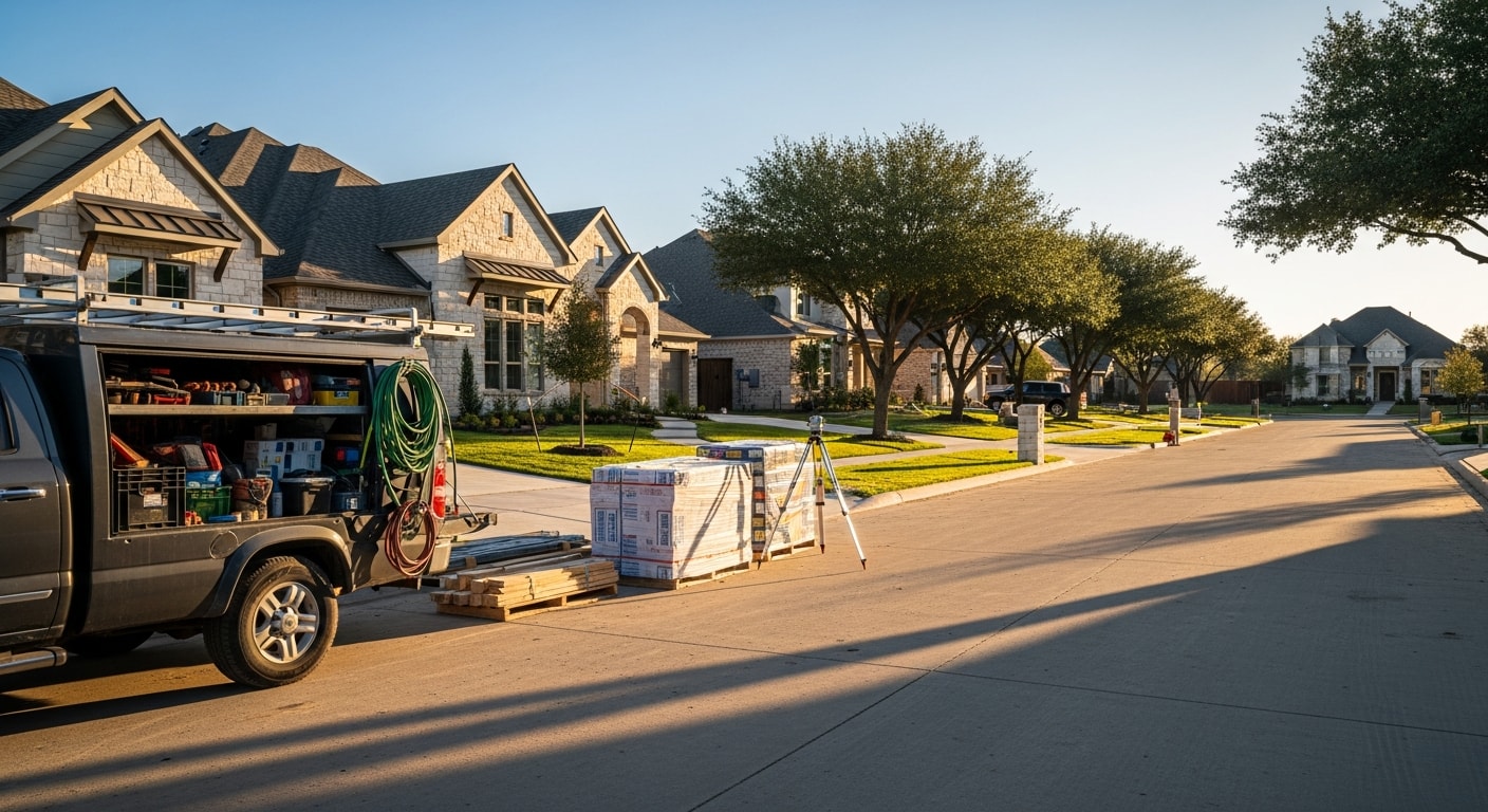 Modern Frisco residential neighborhood with new construction homes and manicured landscaping under clear Texas sky.