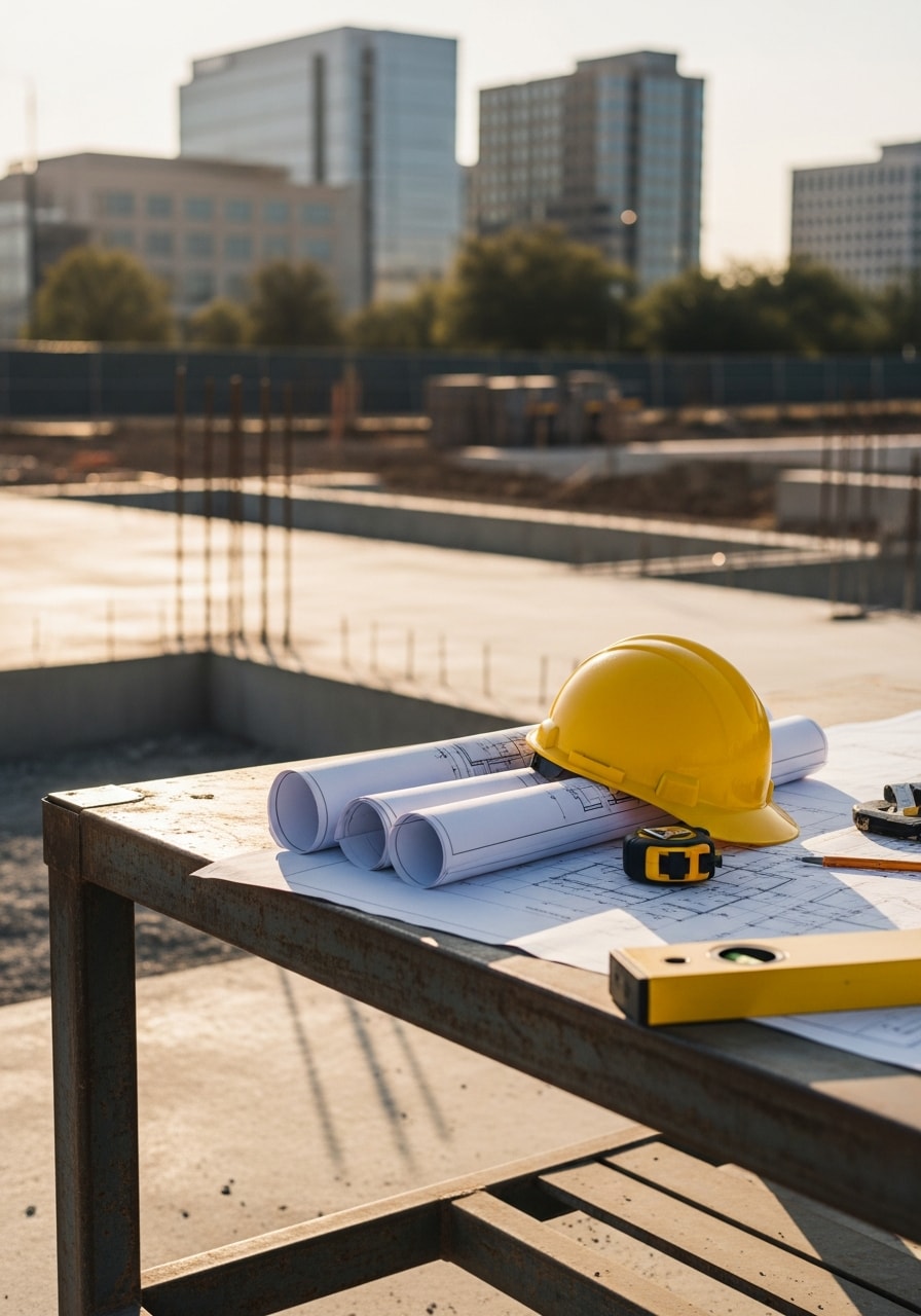 Plano contractor team reviewing project plans on a commercial property site.