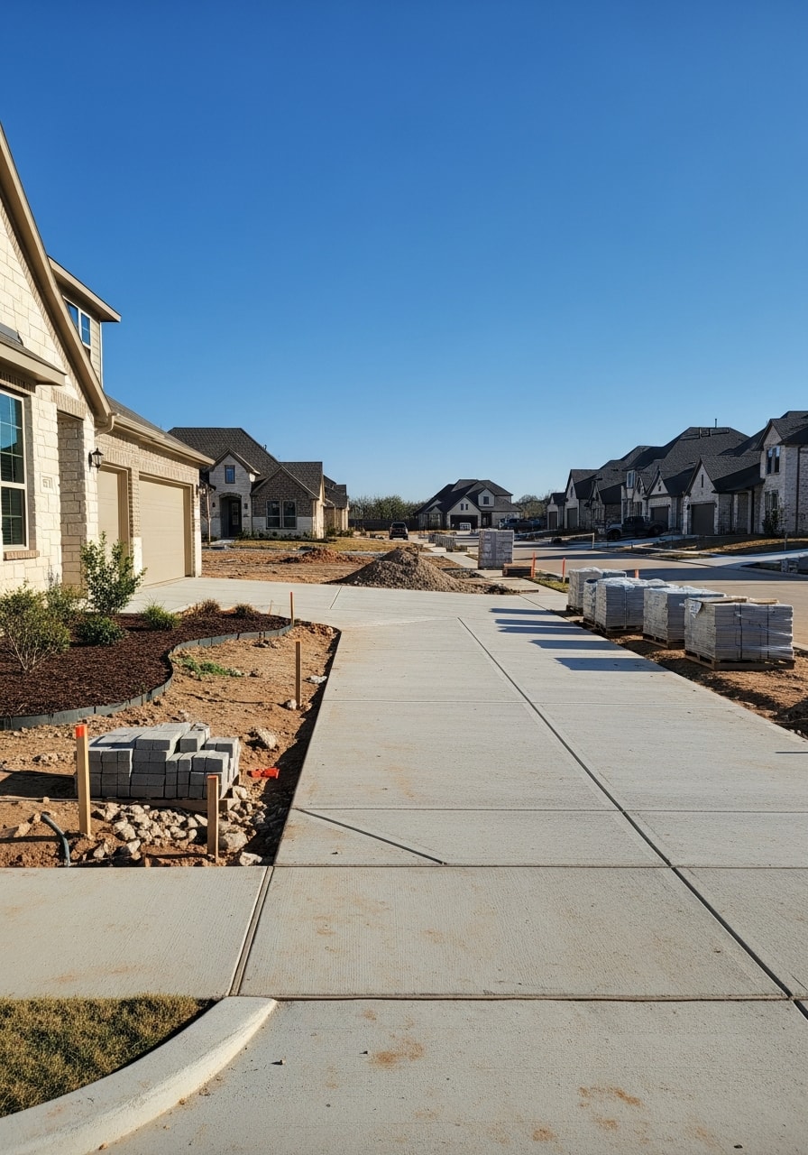 Prosper contractor team in work gear standing on a residential property in a newer subdivision.