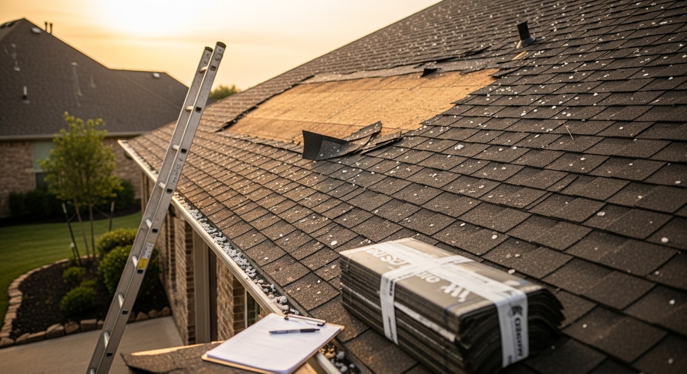 A Frisco, TX residential roof with storm damage showing missing shingles and exposed underlayment after a hail and wind event. An OKI General Contractors LLC crew member inspects the damaged roof surface from a ladder.