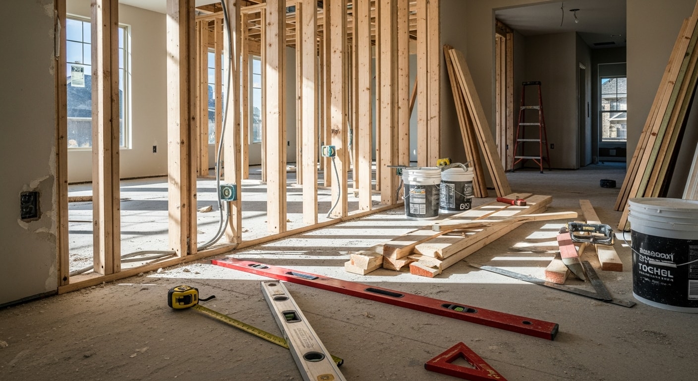 Fully remodeled open-concept interior of a single-family home in Frisco, Texas, showing updated kitchen, new flooring, and reconfigured living space. General contractor renovation work completed by OKI General Contractors LLC in a Frisco residential neighborhood.