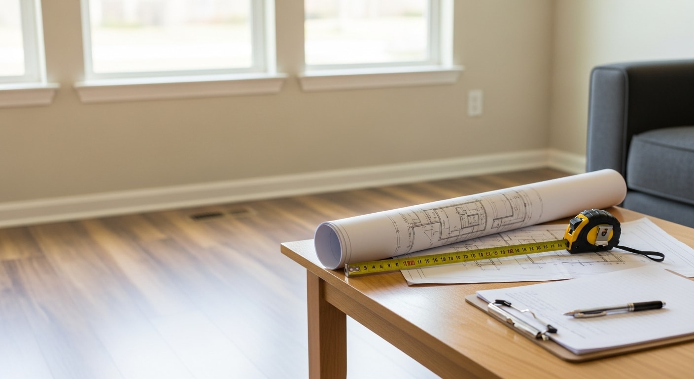 A general contractor reviewing renovation plans with a homeowner inside a Frisco, Texas residence. The image shows an open living area with visible structural walls being assessed for a planned remodel.