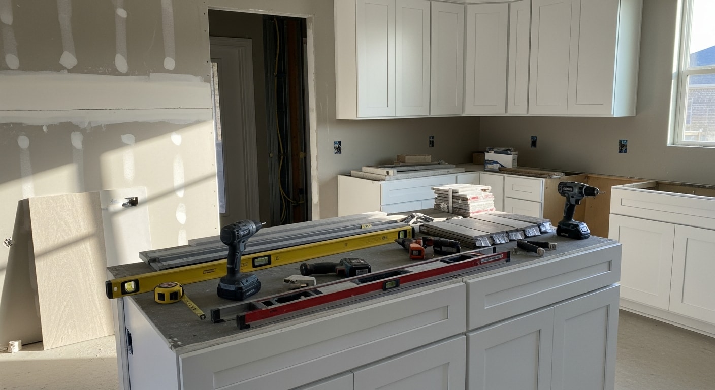 Remodeled kitchen in a Frisco, Texas home featuring updated cabinetry, new countertops, and reconfigured open-concept layout. Work completed by OKI General Contractors LLC.