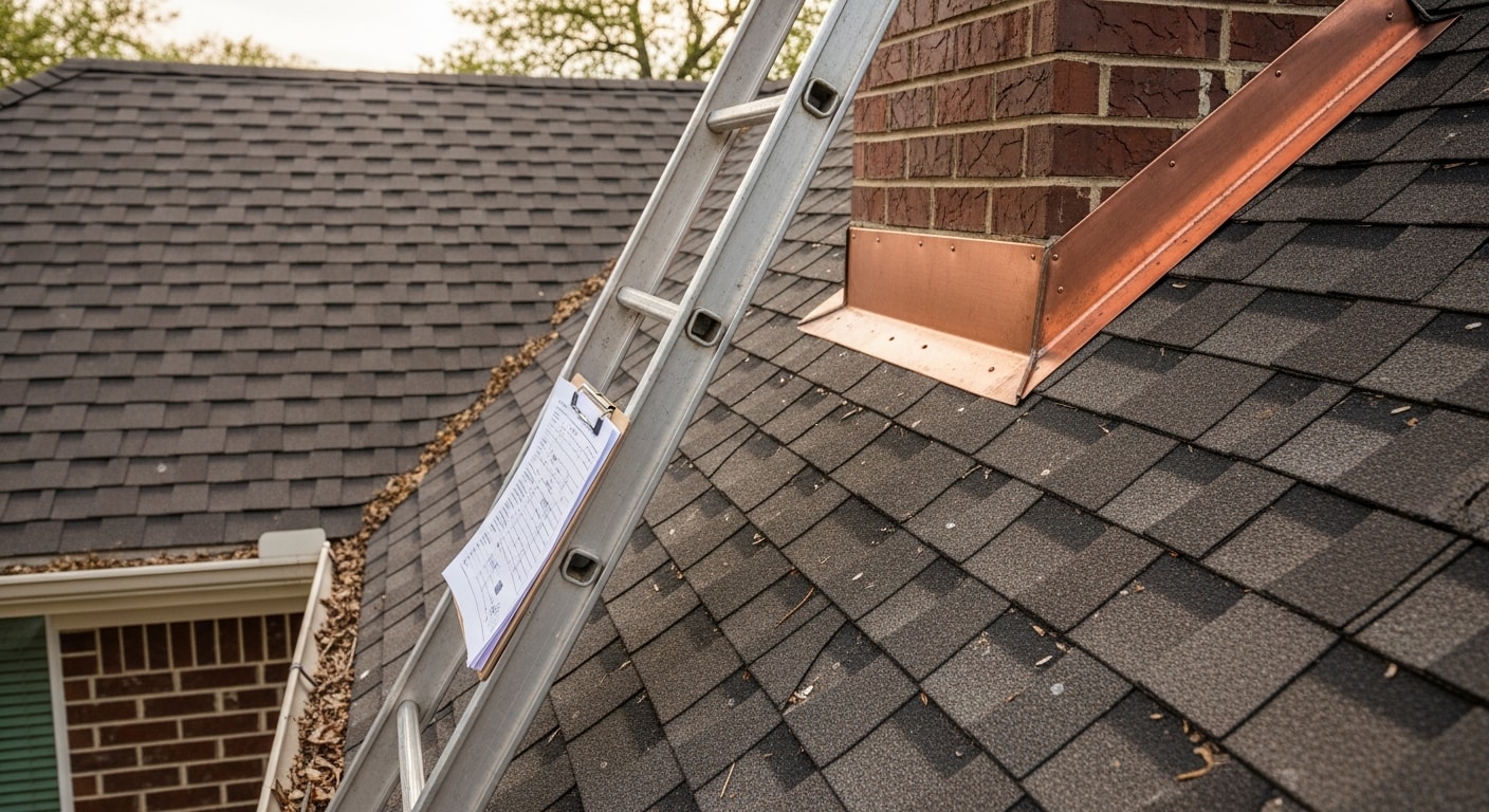 A roofing contractor from OKI General Contractors LLC inspecting shingles and flashing on a residential roof in Frisco, Texas. The inspector documents findings on a clipboard with the home's roofline and clear Texas sky visible in the background.