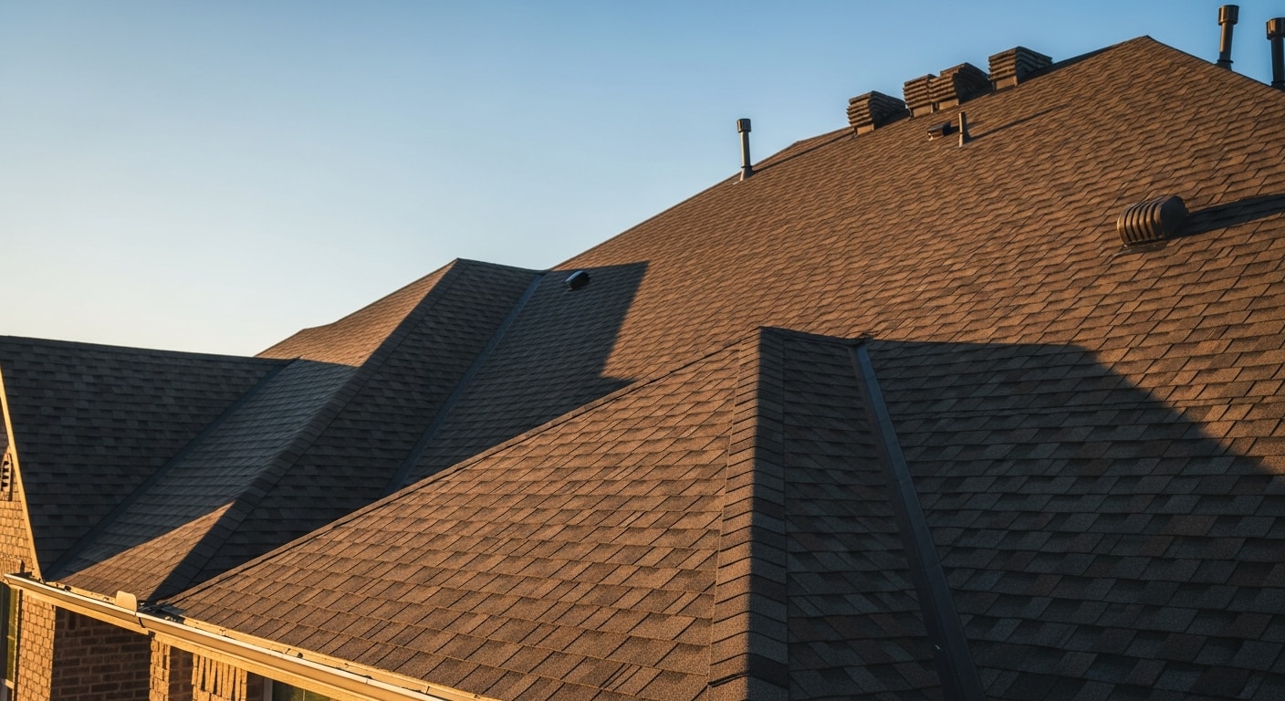 A completed residential roof installation on a single-family home in Frisco, TX, showing clean shingle lines, properly sealed ridge cap, and new flashing around roof penetrations. The home sits in a North Texas neighborhood under a clear sky following storm season.