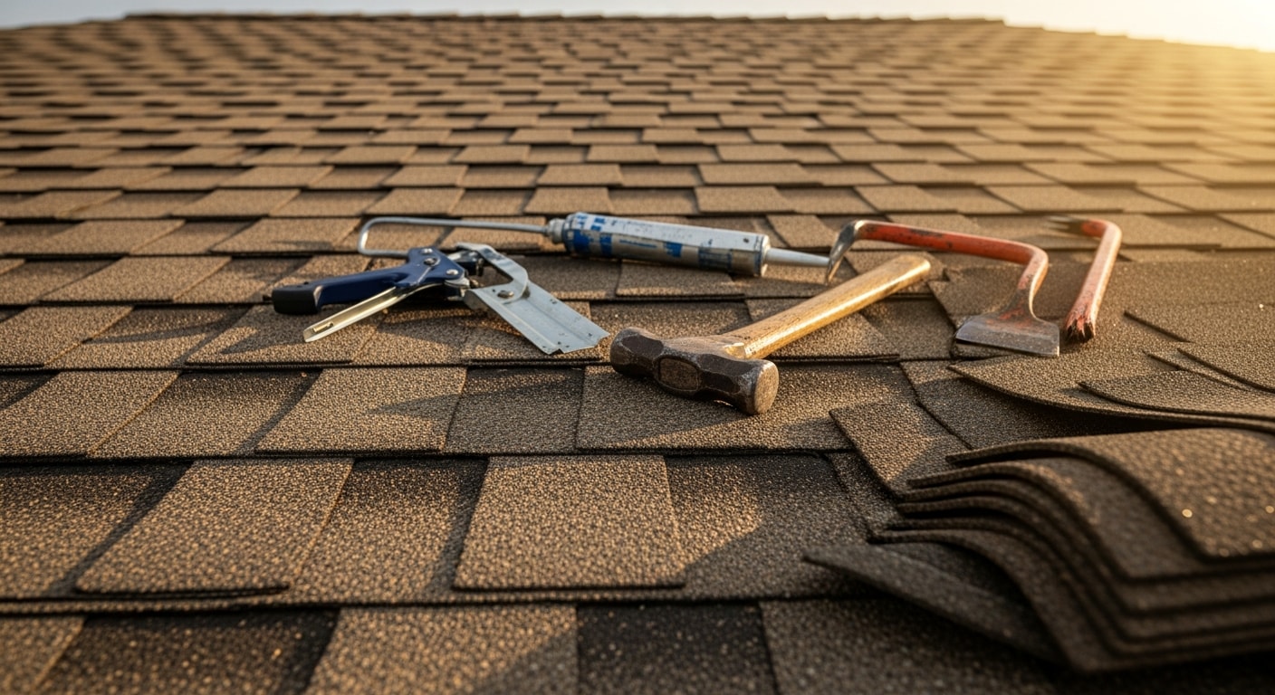 A Frisco residential rooftop showing repaired shingles and sealed flashing after storm damage. The completed repair work is visible against the surrounding neighborhood roofline.