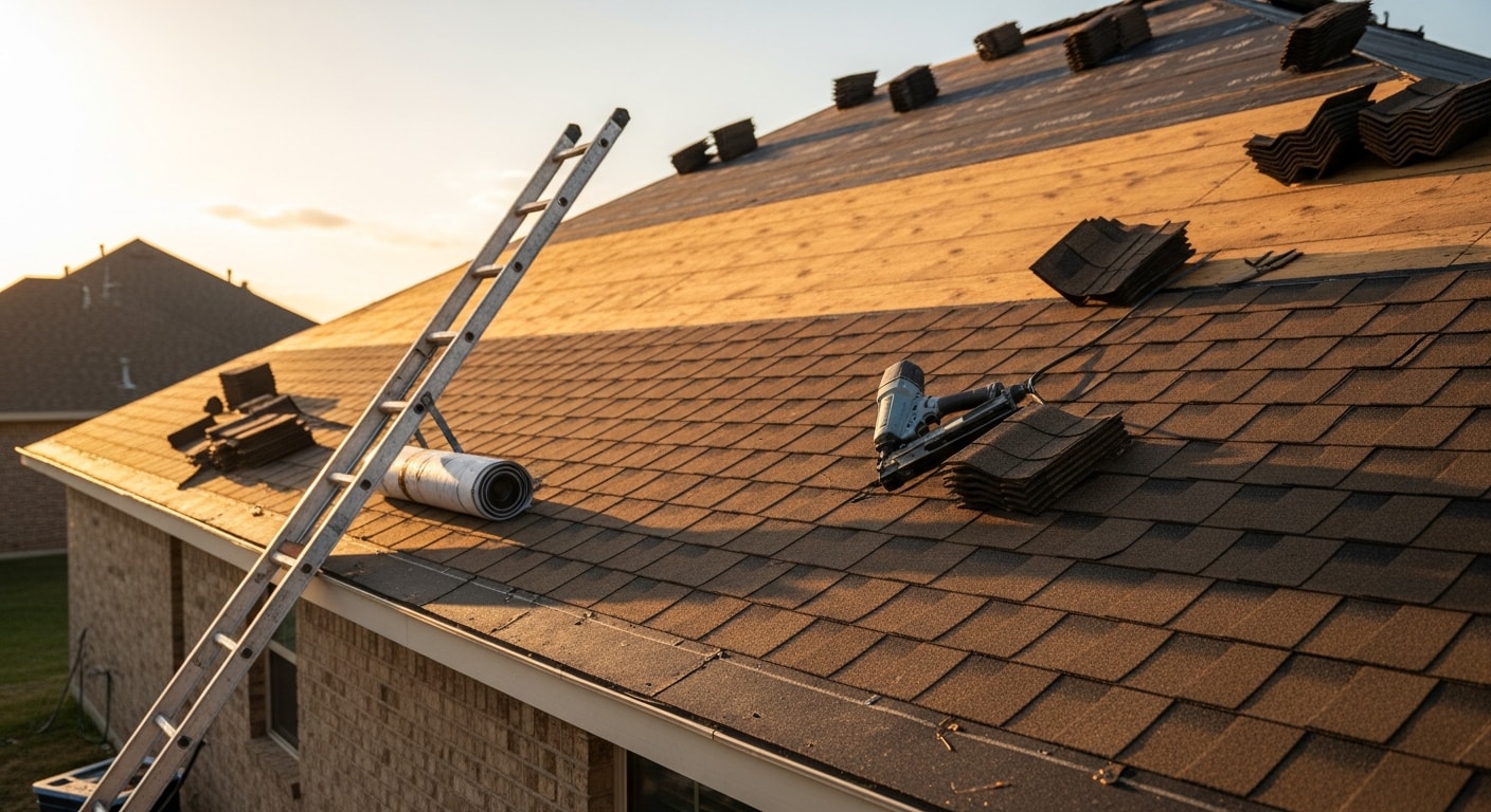 A completed residential roof replacement on a single-family home in Frisco, Texas, showing new shingles installed across the full roof deck with clean ridge lines and updated flashing. The home sits in a typical Frisco neighborhood with a clear Texas sky in the background.