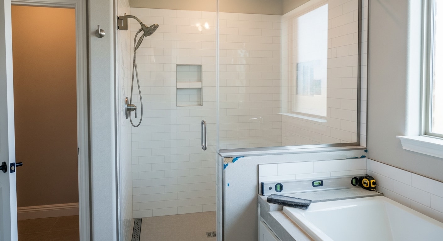 A finished walk-in shower in a Frisco home bathroom, showing a tiled shower pan, glass enclosure, and wall-mounted fixtures where a bathtub previously stood. The open layout reflects a clean, modern conversion typical of newer Frisco residential construction.